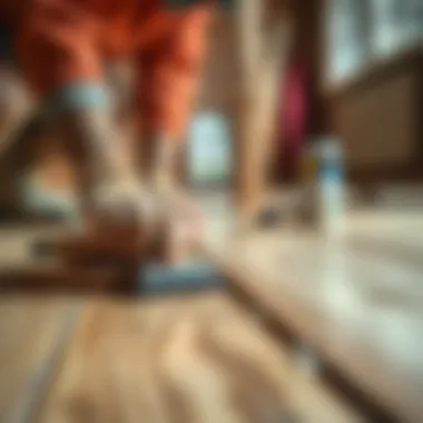 Detailed view of wood floor preparation before painting
