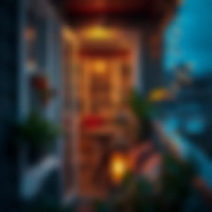 A cozy balcony corner featuring warm lighting and stylish decorations