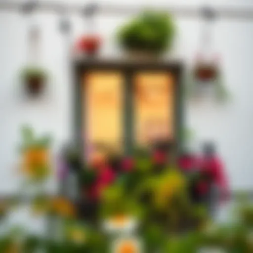 A beautifully decorated balcony wall with hanging plants and vibrant colors