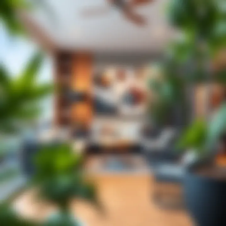 A modern balcony design showcasing unique wall art and furniture