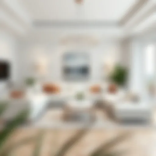 Elegant living room featuring a white sofa set and modern decor