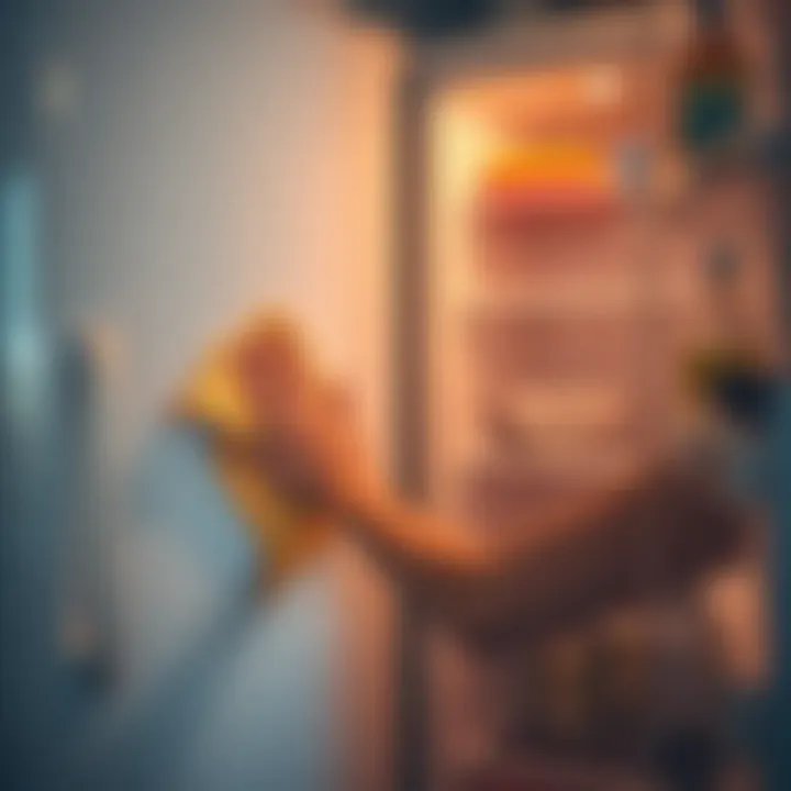 A person using cleaning cloths to wipe down refrigerator surfaces