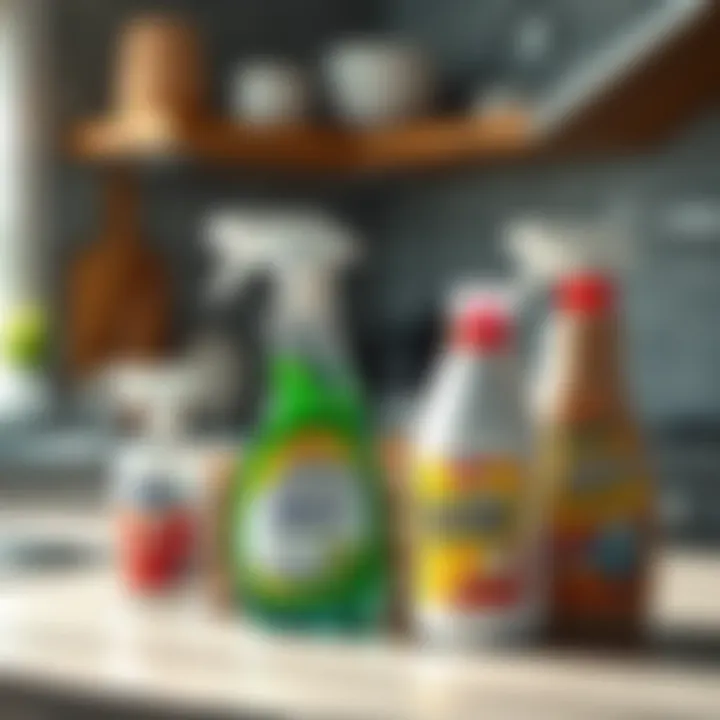 Chemical cleaning products on a kitchen countertop