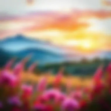 Serene Landscape in Watercolor Vibrant watercolor painting of a serene landscape suitable for wall display