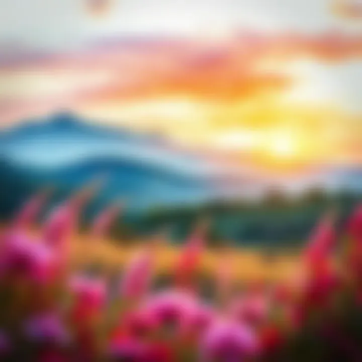 Serene Landscape in Watercolor Vibrant watercolor painting of a serene landscape suitable for wall display