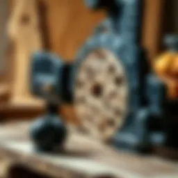 A close-up view of a scroll saw cutting intricate patterns in wood.