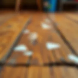 Close-up of dried paint stains on a wooden floor