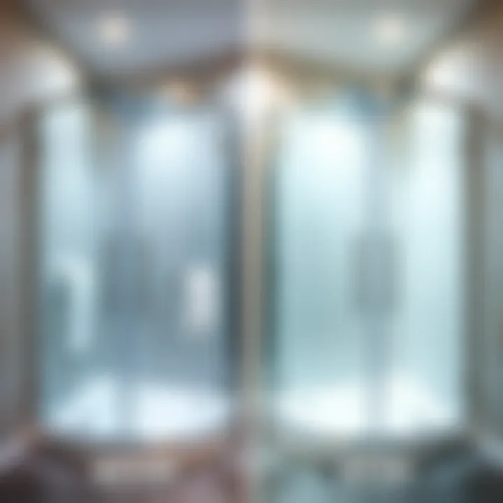 Before and after comparison of shower cabin glass cleanliness