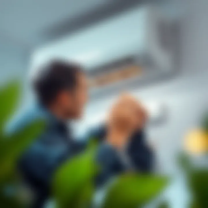 A person inspecting an air conditioning unit for potential issues