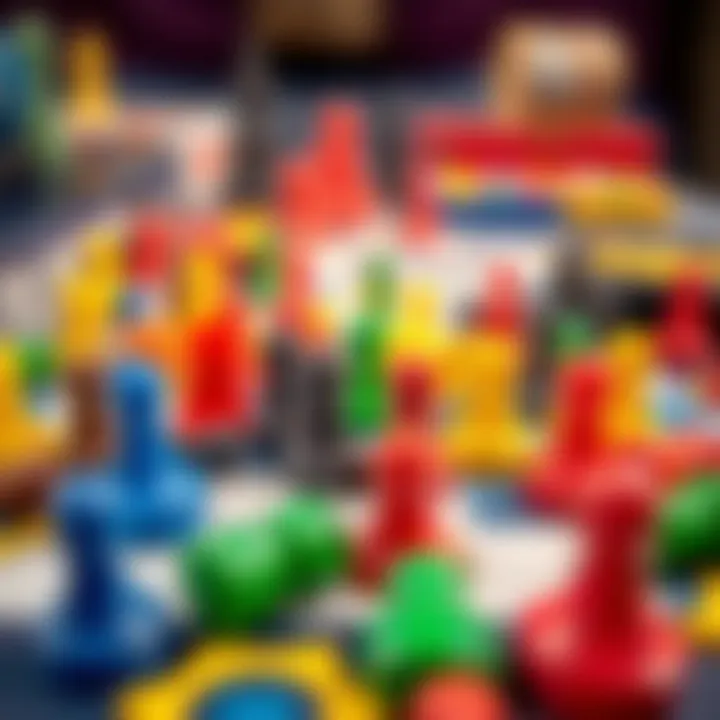 Colorful game pieces spread out on a table.