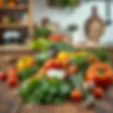 Colorful array of fresh vegetables and herbs on a wooden kitchen table