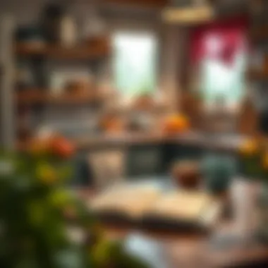 A cozy kitchen setting with a notebook and utensils for recipe exploration