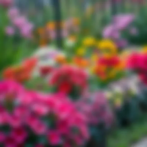A vibrant flower bed at the edge of a garden, showcasing various border plants.