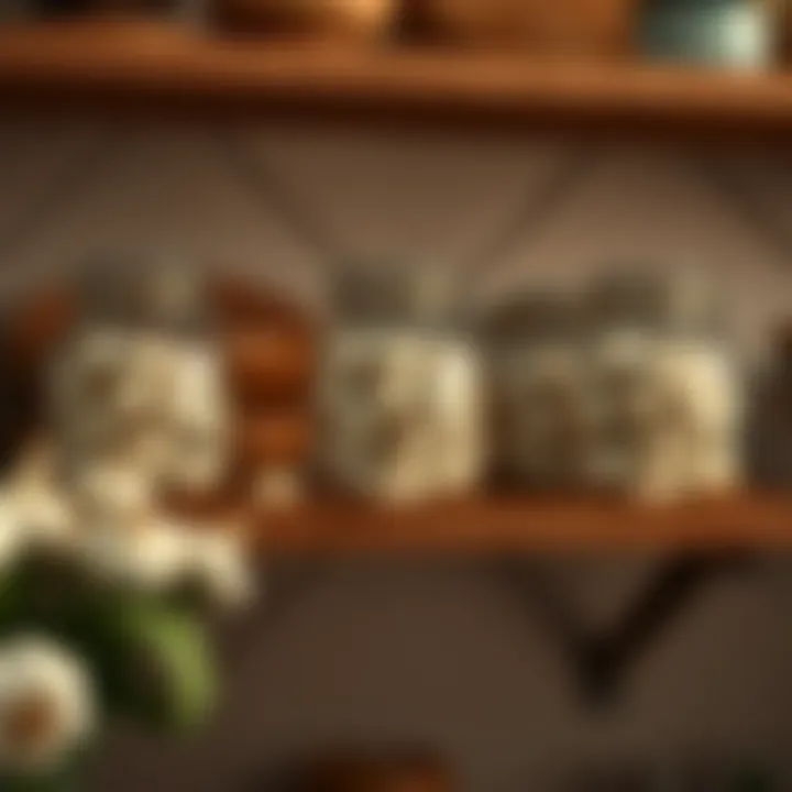 Aesthetic display of garlic jars on a kitchen shelf