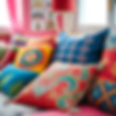 A vibrant, colorful assortment of decorative cushions that enhance the comfort and style of a youthful space.