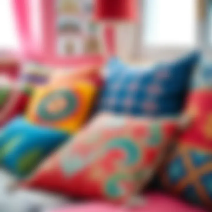 A vibrant, colorful assortment of decorative cushions that enhance the comfort and style of a youthful space.