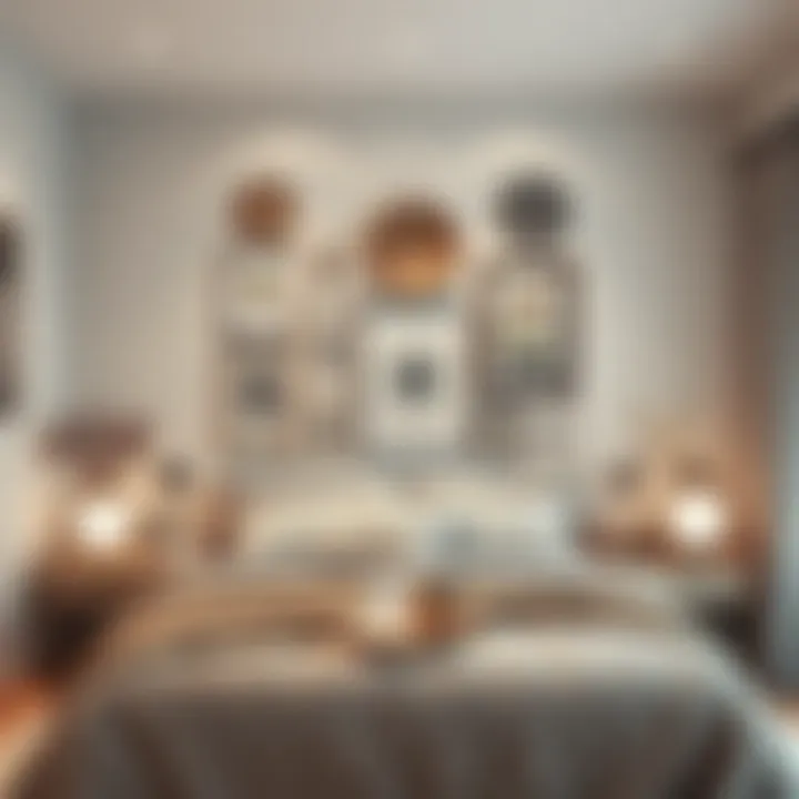 An artistic display of handmade art pieces arranged to create a focal point in a modern bedroom.