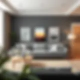 Modern living room featuring a grey sofa and vibrant wall paint