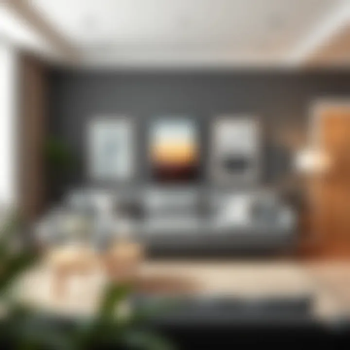 Modern living room featuring a grey sofa and vibrant wall paint