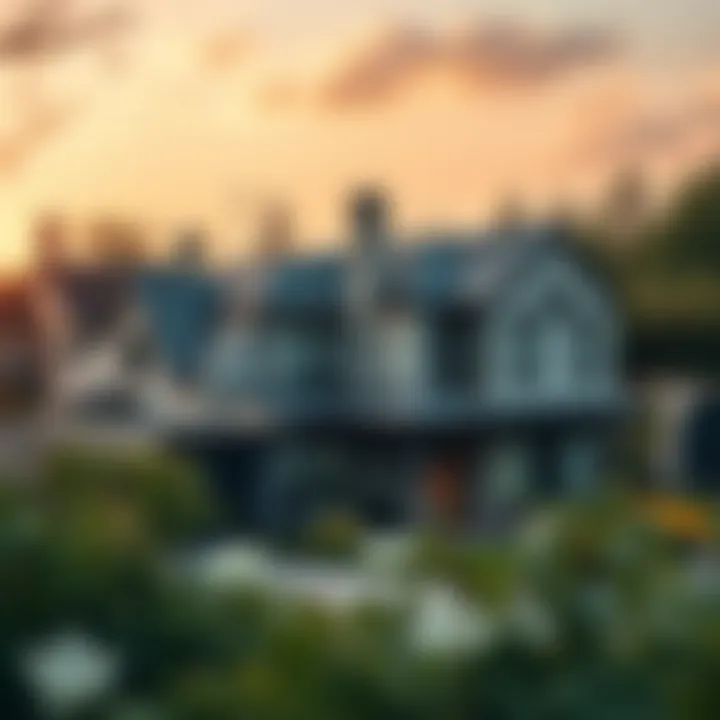 A serene neighborhood featuring grey houses harmonizing with nature