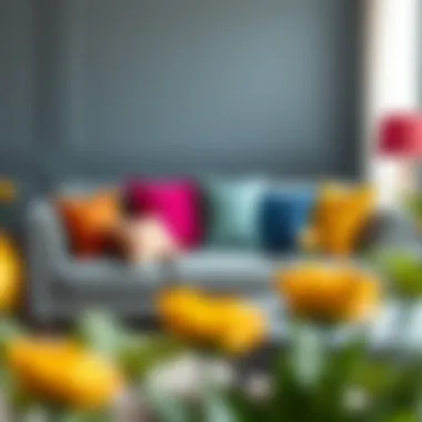 Gray Sofa with Vibrant Accents Elegant gray sofa paired with colorful cushions
