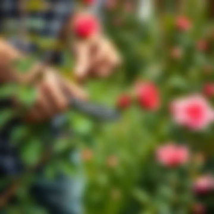 Close-up view of a gardener carefully pruning rose branches for optimal growth