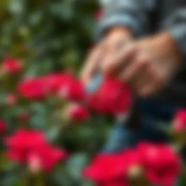 Gardener Pruning Roses with Care Close-up of a gardener pruning roses with precision tools.