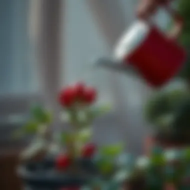 Watering can pouring water on young date plant