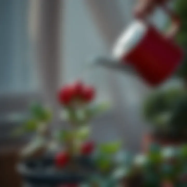 Watering can pouring water on young date plant