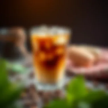 Refreshing iced coffee in a glass with ice cubes and coffee beans