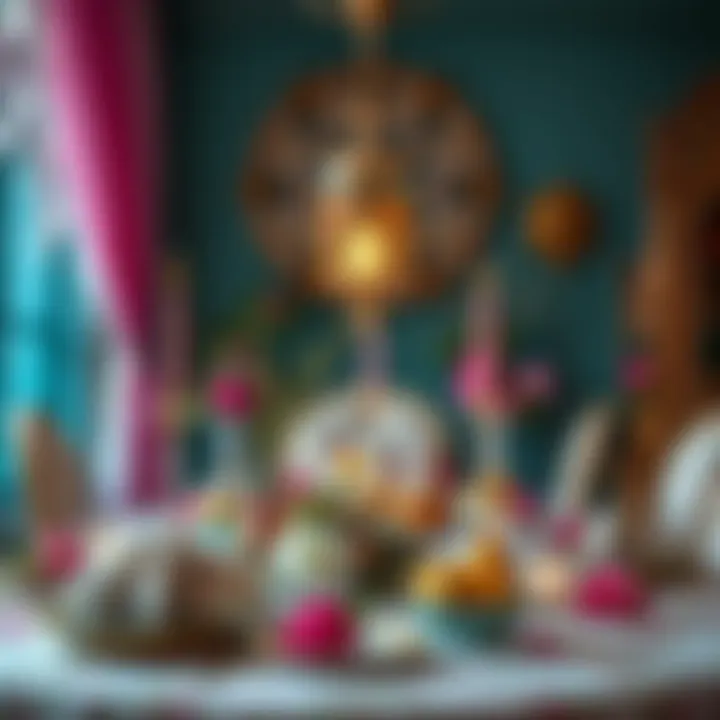 Elegant Iftar Dessert Table An elegant dessert table set for iftar, adorned with decorative elements and vibrant colors.