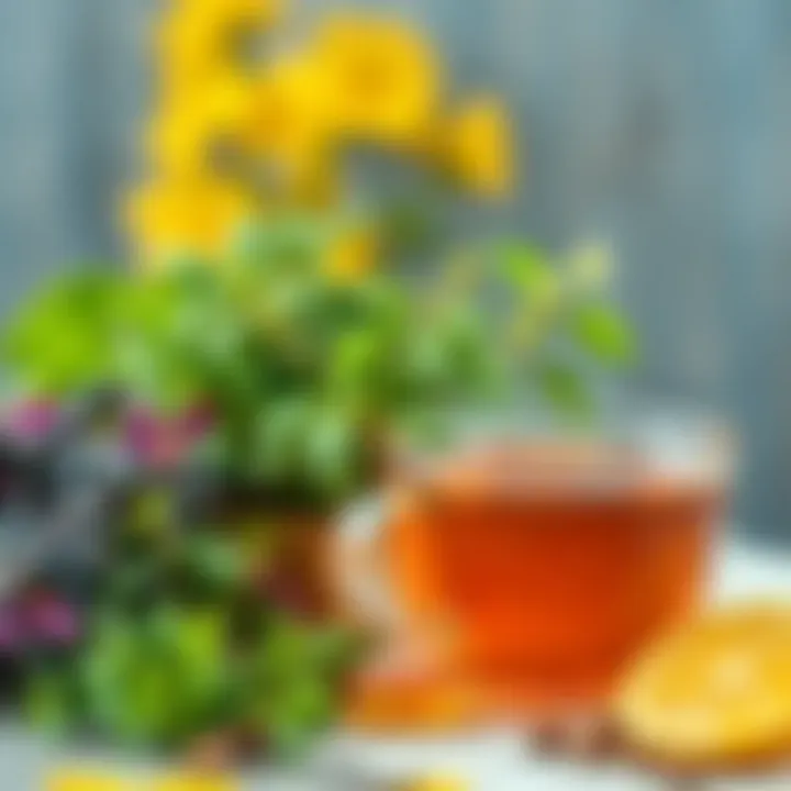 Fresh Herbs and Linden Tea A vibrant display of fresh herbs alongside a cup of linden tea