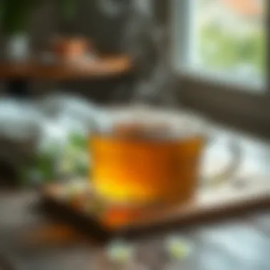 Steaming Linden Tea A steaming cup of linden tea placed on a wooden table