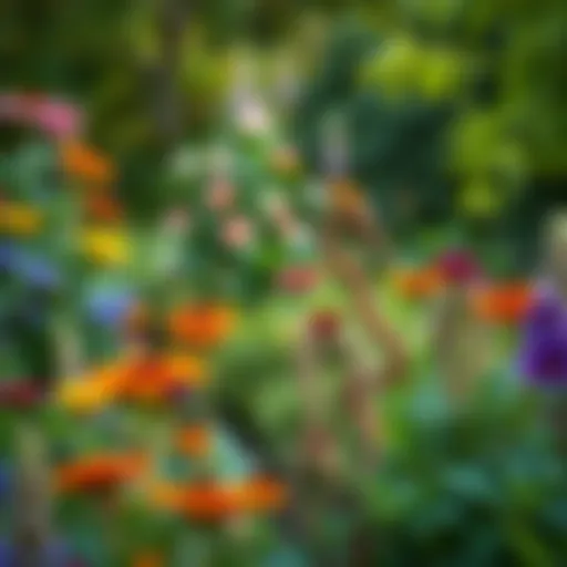 A serene garden landscape with vibrant flowers and lush greenery.