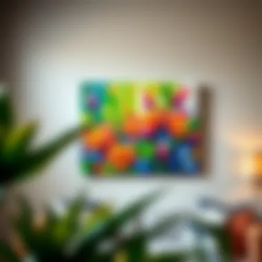 Showcasing a Vibrant DIY Painting on the Wall A finished colorful DIY painting displayed on a wall