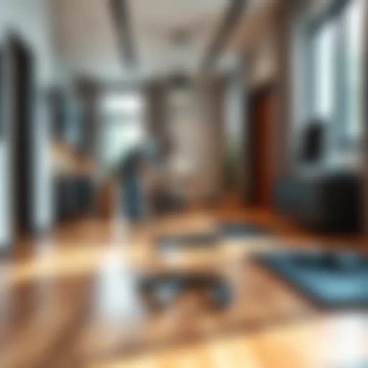 A professional laying parquet flooring in a stylish office