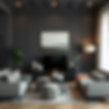 Stylish Living Room with Dark Gray Decor A living room showcasing dark gray walls complemented by soft furnishings