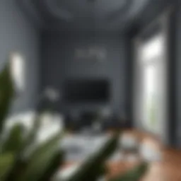 A sophisticated interior featuring dark gray paint on the walls