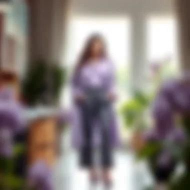 Fashion ensemble featuring lilac with complementary colors for a stylish look