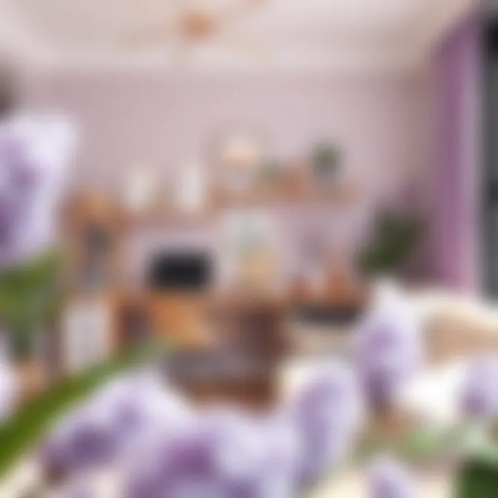 Contemporary workspace decorated with lilac accents and neutral tones