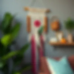 Colorful macrame wall hanging adorned with natural elements