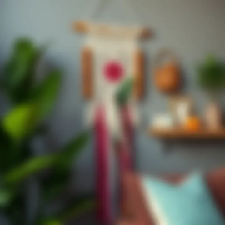 Colorful macrame wall hanging adorned with natural elements