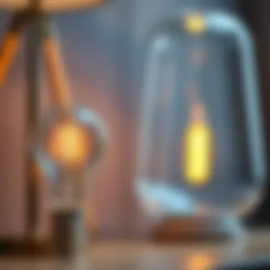 Close-up of an energy-efficient LED bulb beside a stylish lamp