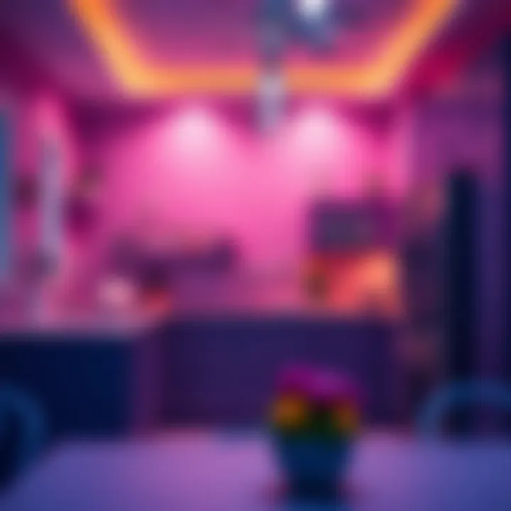 Atmospheric lighting enhancing purple kitchen aesthetics