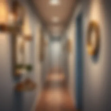 Stylish narrow hallway decorated with mirrors and lighting