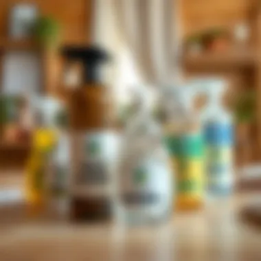 A collection of eco-friendly cleaning products displayed on a wooden table