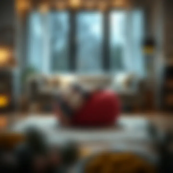 Cozy Living Space with Knitted Pouf A cozy living space featuring a knitted pouf as a centerpiece