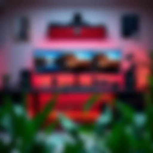 A sleek gaming desk setup with multiple monitors