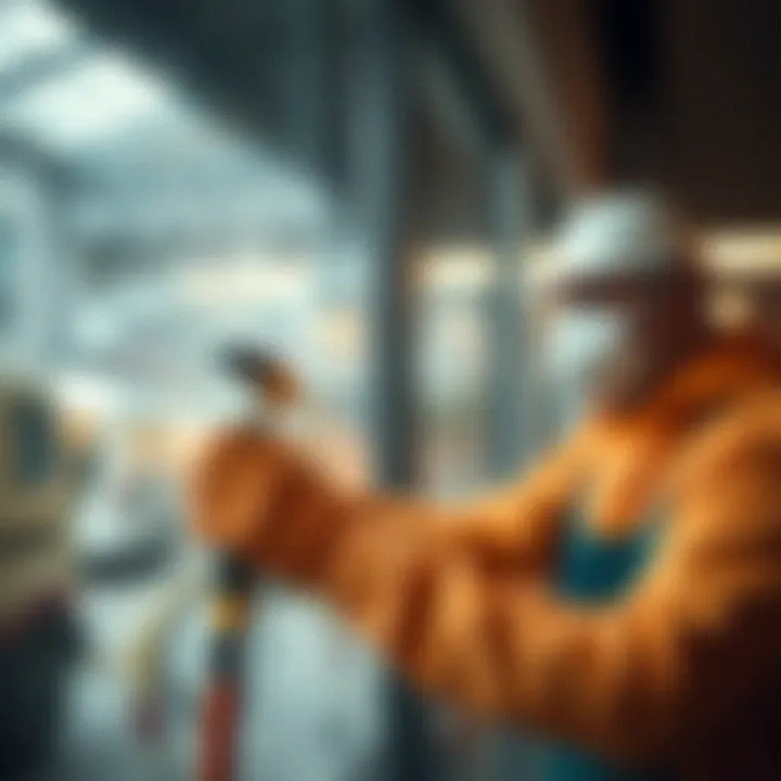 A professional cleaner using tools for window cleaning