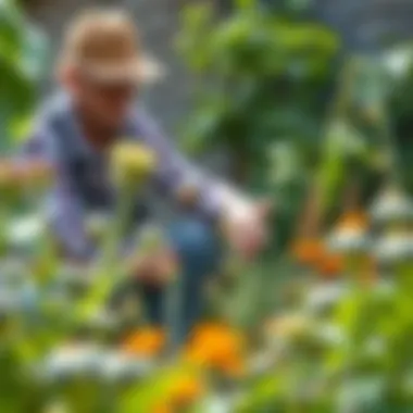A gardener tending to a garden with plants that deter flies.